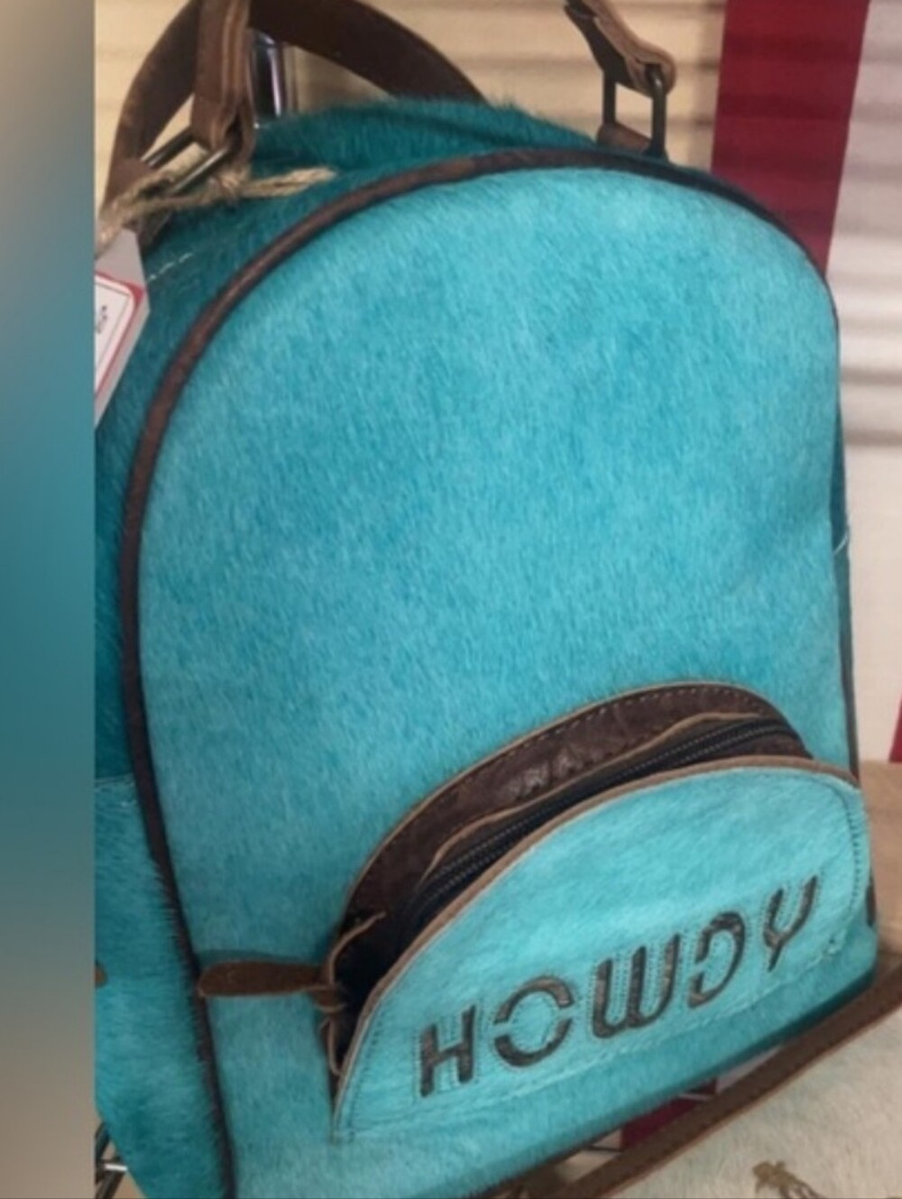 NWT AMERICAN DARLING Turquoise 'Howdy' Hair-on Leather Backpack
